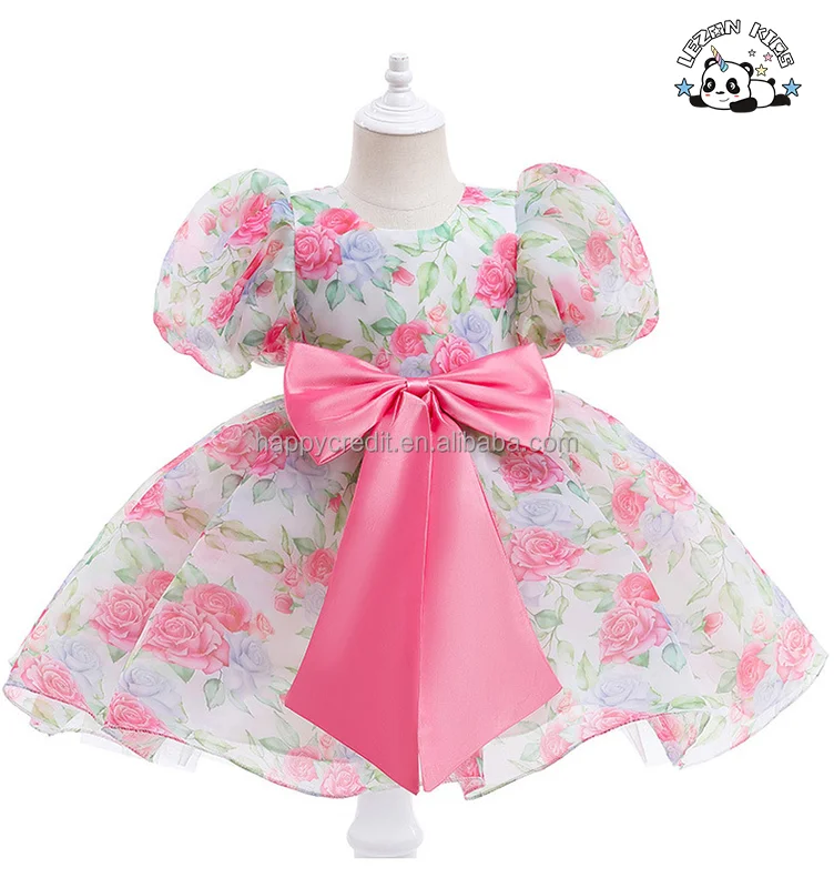 LEZONKIDS - Vestido Floral de Menina com Mangas de Bolha Cor Sólida e Saia de Princesa em Gaze de Malha